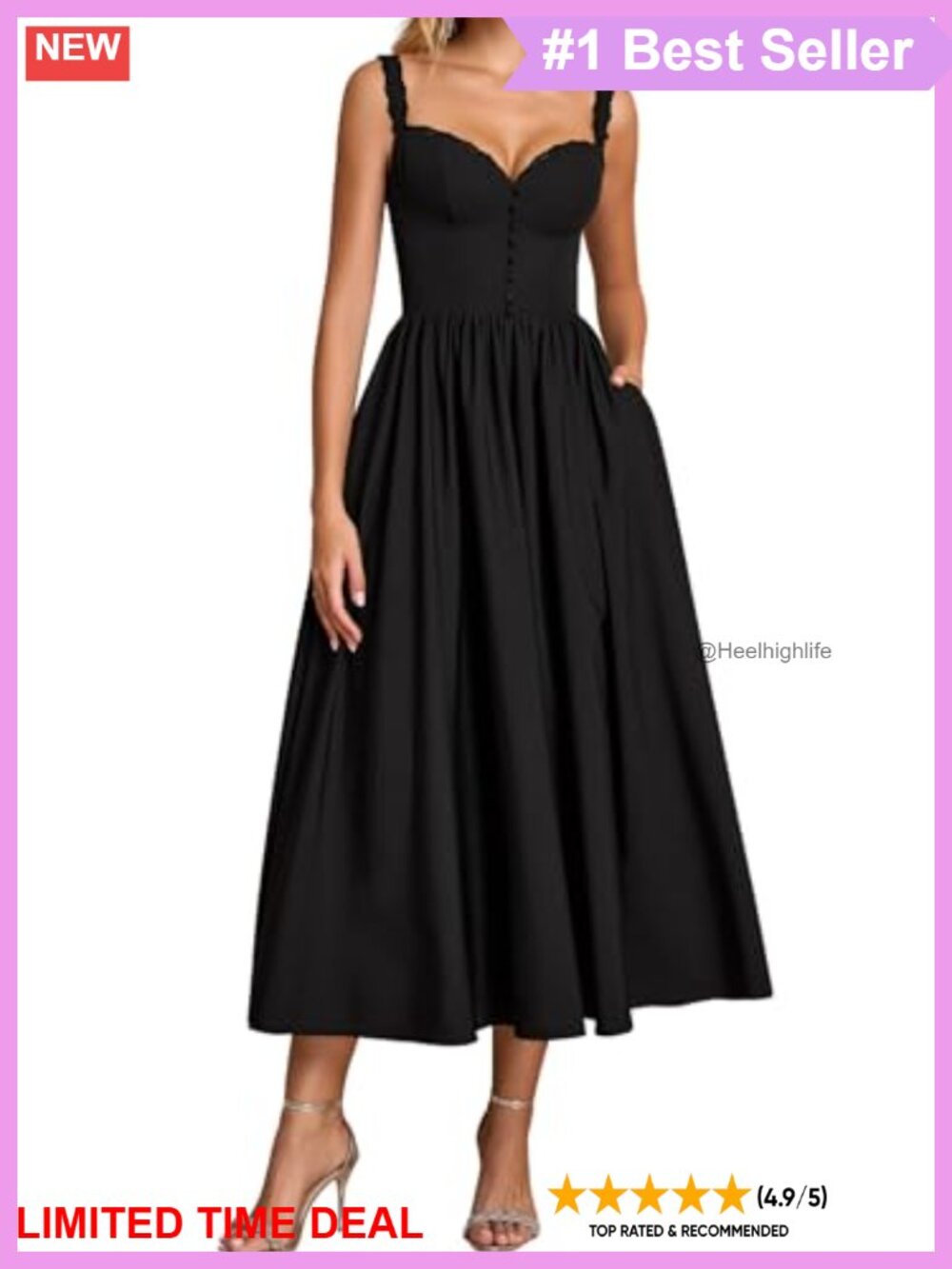 Lace Trim Sweetheart A-Line Midi Dress Spaghetti Strap Sundress with Pockets